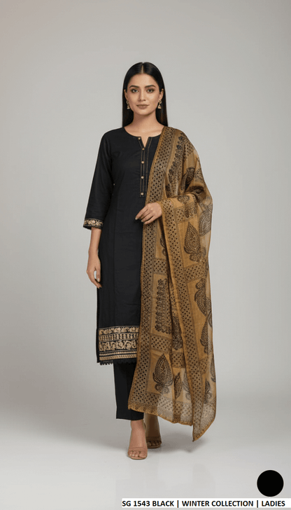 Lawn A-Line shirt black - Pakistani women's casual summer outfit with cotton trouser and lawn dupatta front view