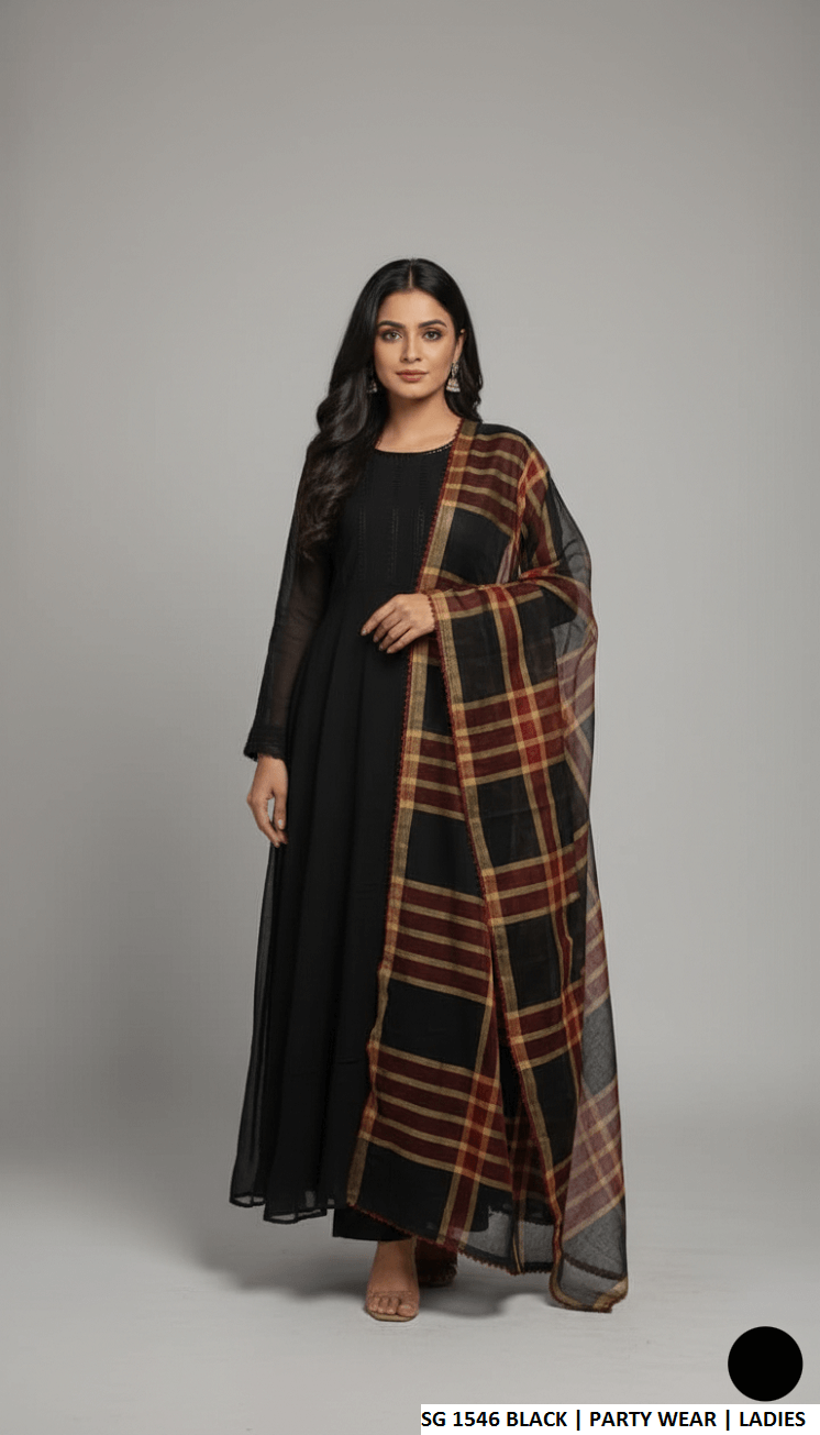 Lawn A-Line shirt black - Pakistani women's casual summer outfit with cotton trouser and lawn dupatta front view