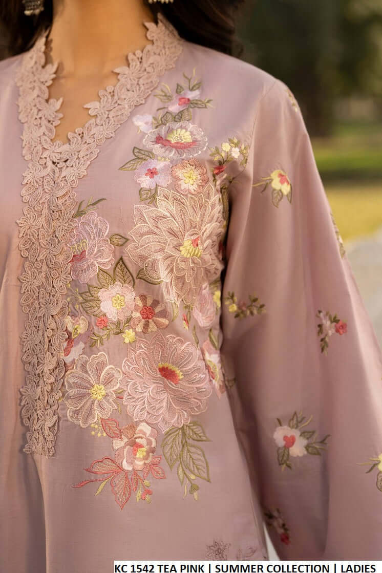 Pakistani women's tea pink cotton long embroidered shirt back view