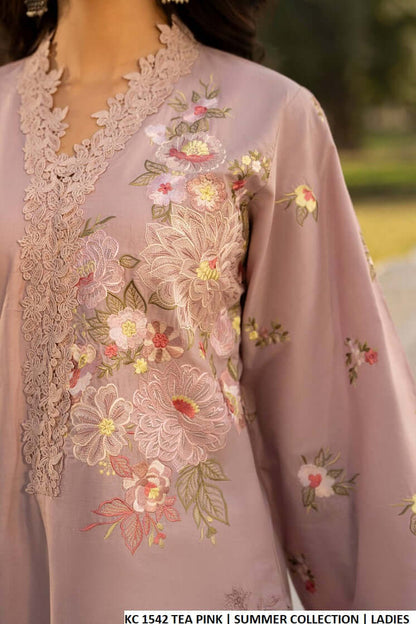 Pakistani women's tea pink cotton long embroidered shirt back view