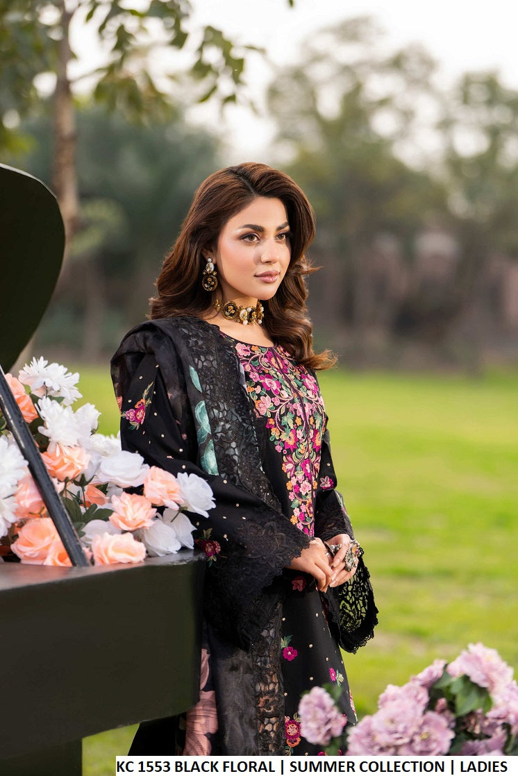 Pakistani women's black floral cotton straight shirt plazo detail view