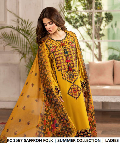 KC TABEER 1567 SAFFRON FOLK cotton sindhi embroidery Pakistani women's shirt side view