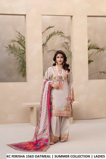 Cotton short shirt farshi shalwar oatmeal - Pakistani women's traditional casual outfit with digital print silk dupatta front view