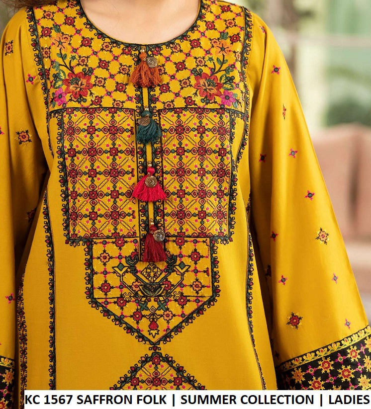 KC TABEER 1567 SAFFRON FOLK Pakistani women's cotton sindhi embroidered shirt detail view