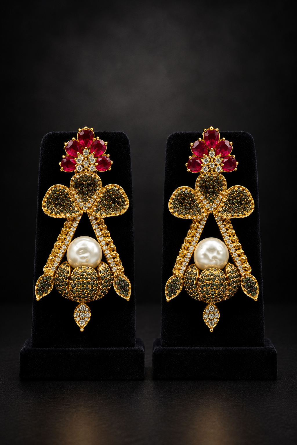JW198 – Gold-Tone Jhumka Earrings with Ruby-Red Floral Stones and Pearl Accents