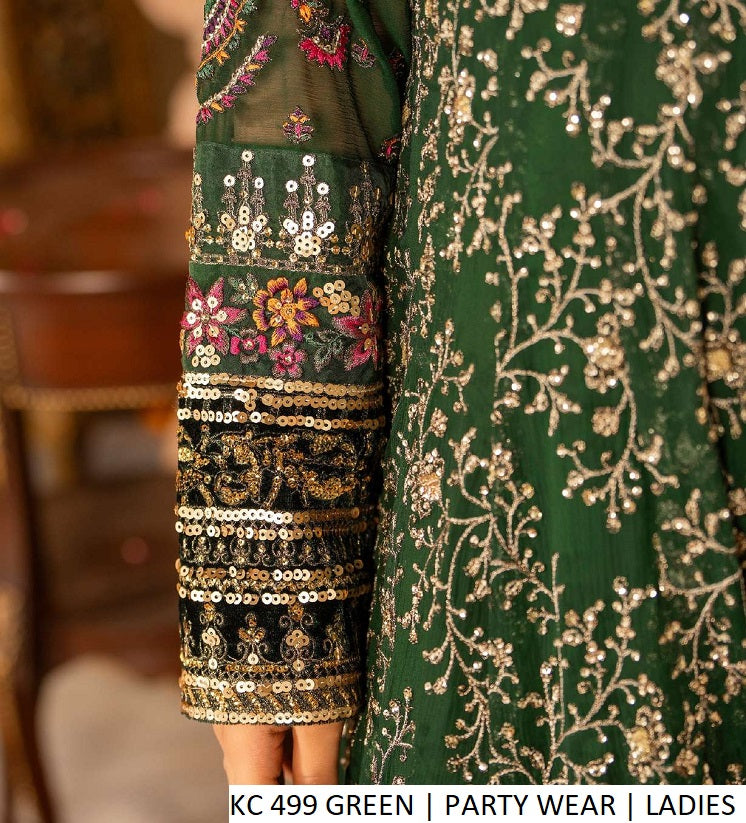 Pakistani women's green chiffon long frock plazo back view
