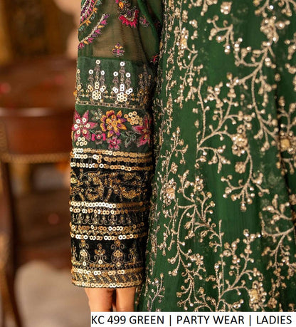 Pakistani women's green chiffon long frock plazo back view