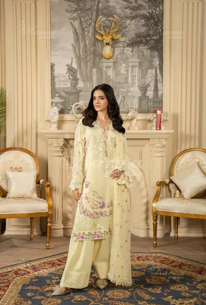Lemon yellow silk Pakistani women's short shirt with farshi shalwar side view