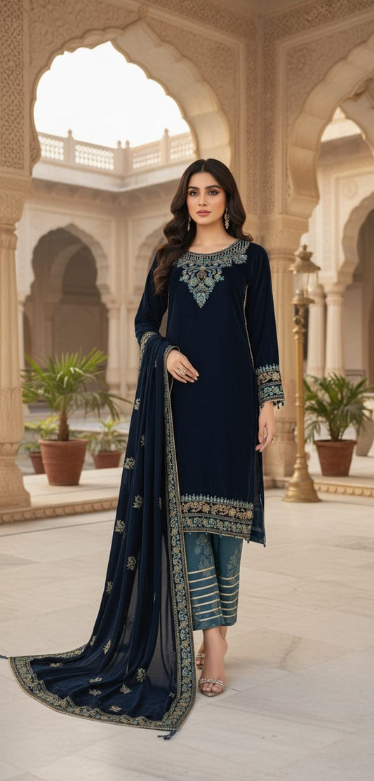 Velvet A-Line shirt zinc grey - Pakistani women's winter formal wear with viscose trouser and palachi shawl front view