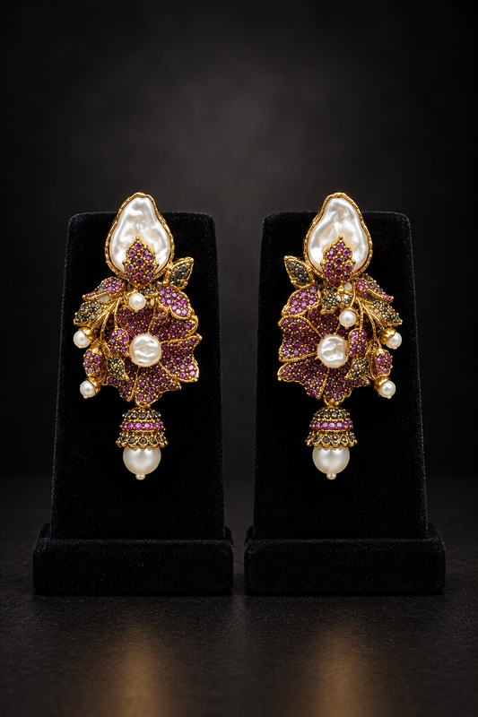 JW111 – Gold-Tone Floral Jhumka Earrings with Purple Stones and Pearl Accents