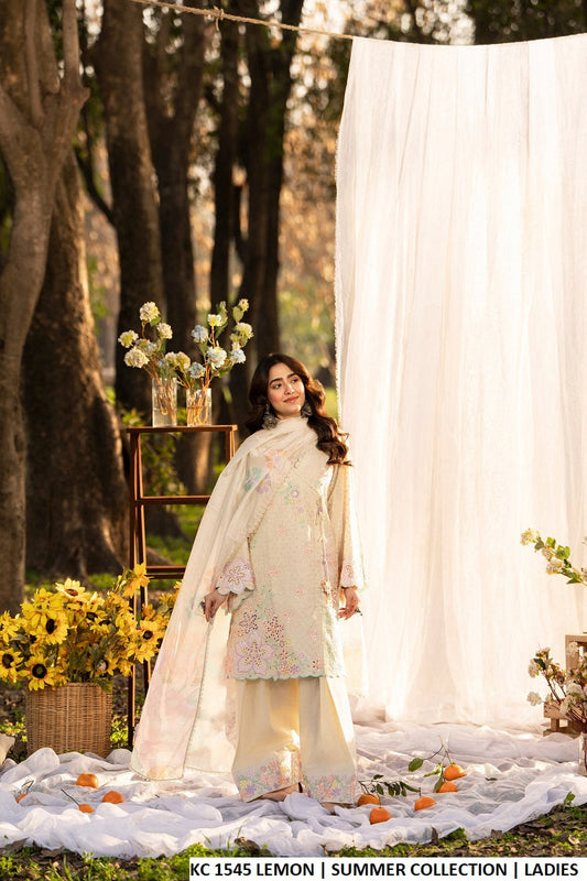 Cotton chikankari angrakha short shirt lemon yellow - Pakistani women's festive outfit with farshi shalwar and printed silk dupatta front view