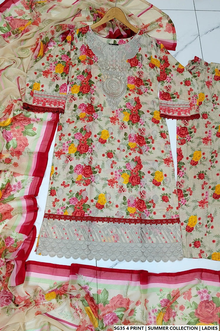 Lawn A-Line printed shirt - Pakistani women's casual summer outfit with cotton trouser and lawn dupatta front view