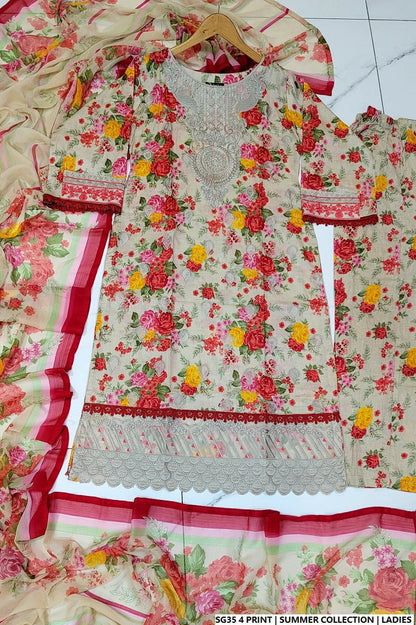 Lawn A-Line printed shirt - Pakistani women's casual summer outfit with cotton trouser and lawn dupatta front view
