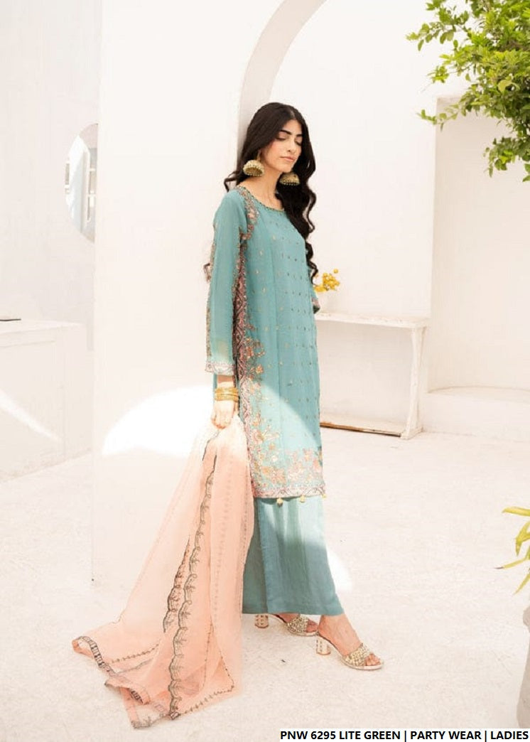 Pakistani women's light green chiffon straight shirt plazo back view