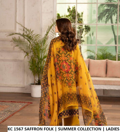 KC TABEER 1567 SAFFRON FOLK Pakistani women's cotton sindhi embroidery outfit back view