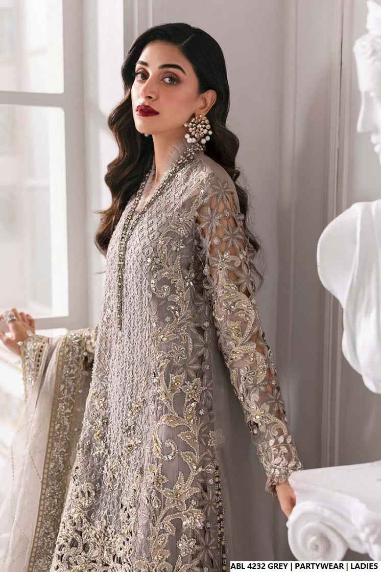Organza A-Line shirt grey - Pakistani women's elegant formal wear with viscose trouser and organza dupatta front view