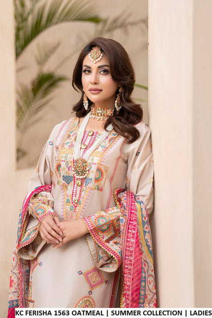 Oatmeal cotton Pakistani women's short shirt with farshi shalwar side view