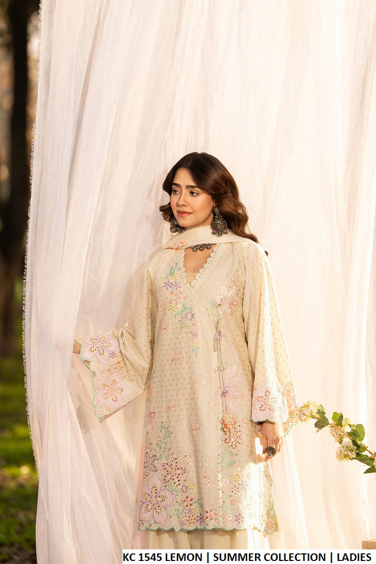 Lemon yellow cotton Pakistani women's chikankari angrakha short shirt side view
