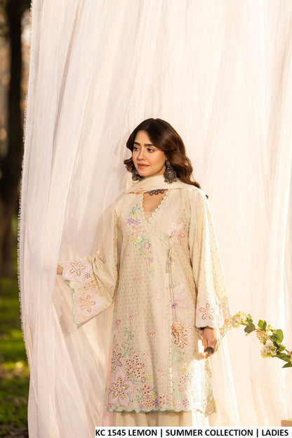 Lemon yellow cotton Pakistani women's chikankari angrakha short shirt side view