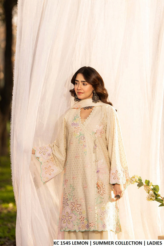 Lemon yellow cotton Pakistani women's chikankari angrakha short shirt side view