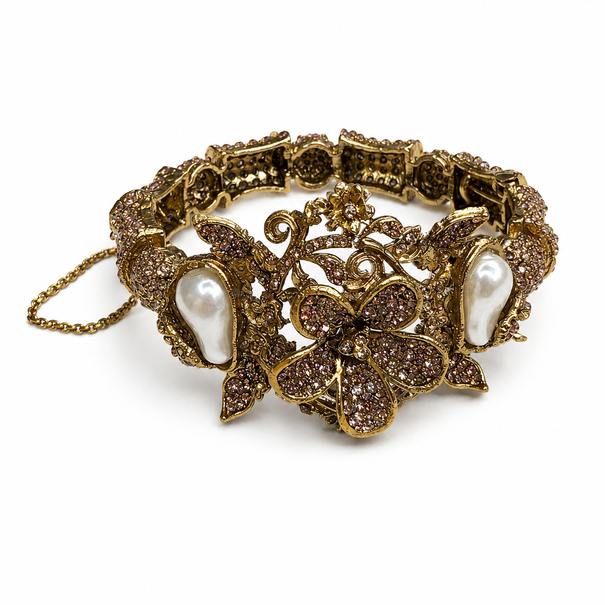 JW165 – Champagne Crystal & Pearl Floral Bracelet