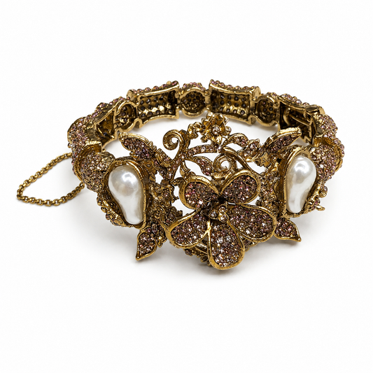 JW165 – Champagne Crystal & Pearl Floral Bracelet