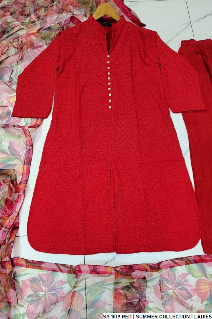 Red lawn Pakistani women's A-Line casual shirt side view