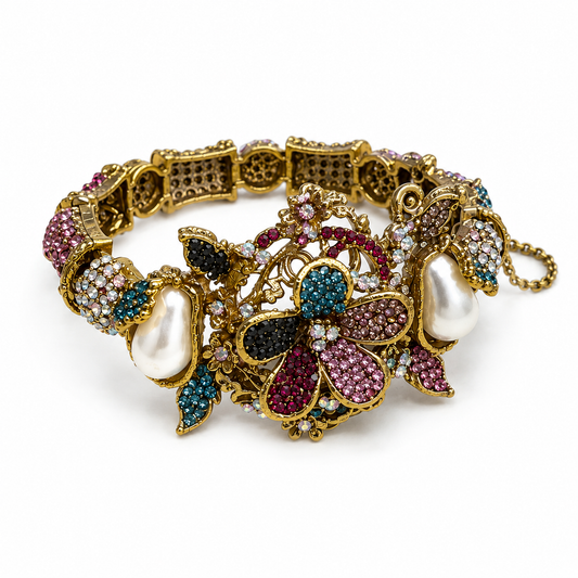 JW165 – Multicolor Crystal & Pearl Floral Bracelet