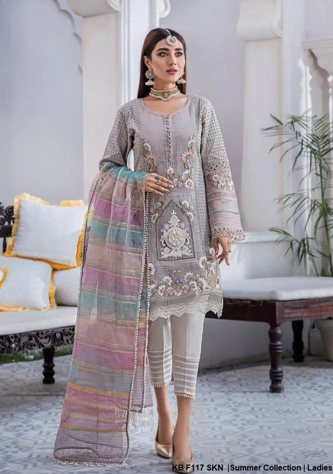 Cotton chikan organza karandi shirt KB F117 - Pakistani women's hand embroidered party wear front view