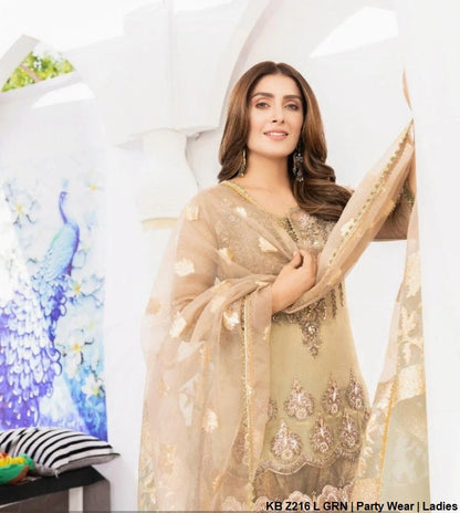 KB Z216 pure resham Pakistani women's embroidered formal outfit side view