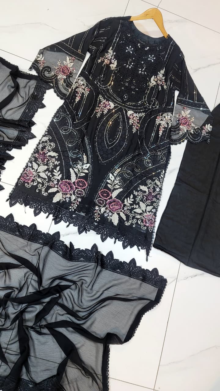 Pakistani women's black chiffon straight shirt back view