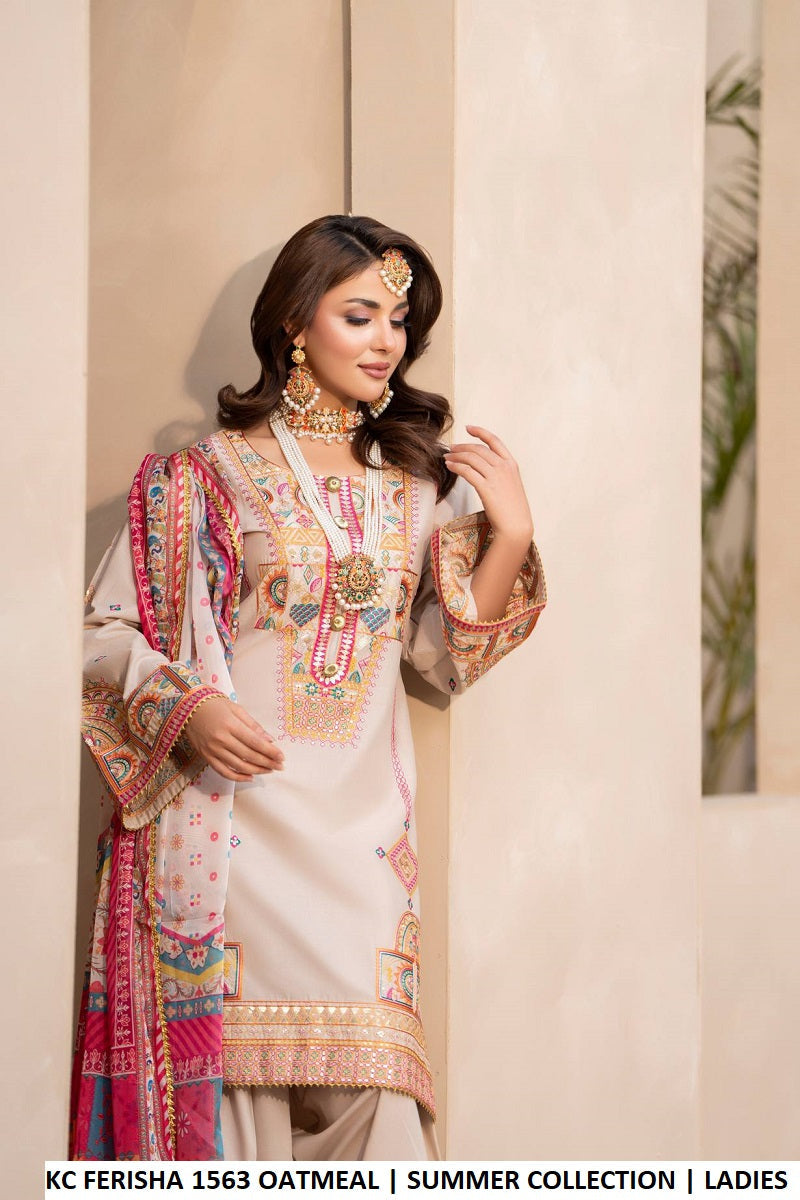 Pakistani women's oatmeal cotton short shirt farshi shalwar detail view