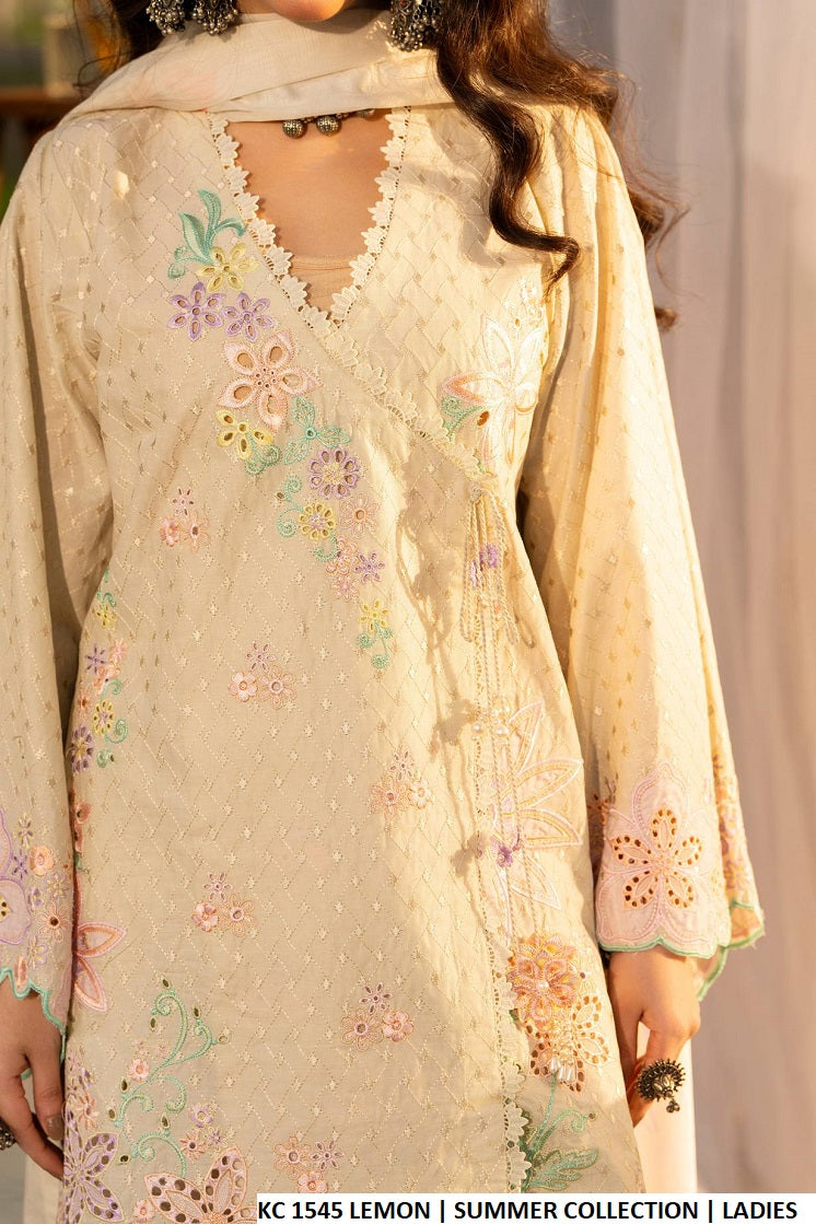 Pakistani women's lemon yellow cotton chikankari angrakha outfit full view