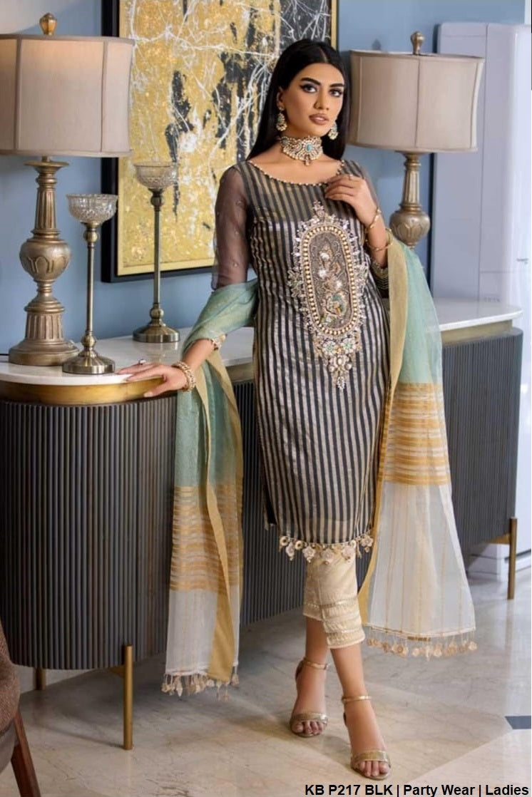 KB P217 karandi organza Pakistani women's formal outfit side view