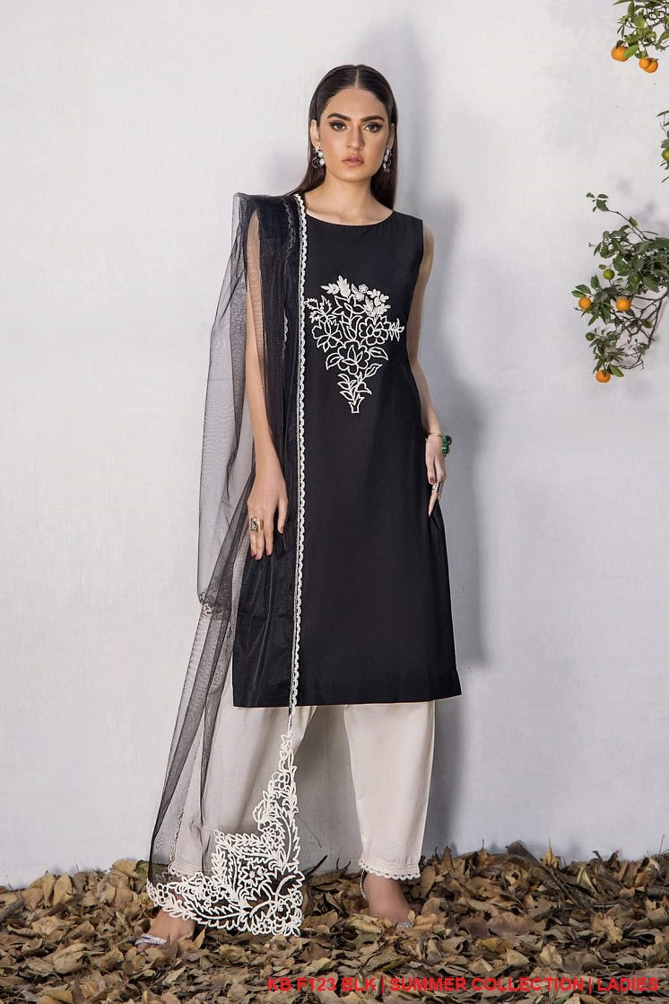 Cotton lawn thread work shirt KB F123 - Pakistani women's casual party wear with net dupatta front view