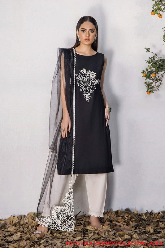 Cotton lawn thread work shirt KB F123 - Pakistani women's casual party wear with net dupatta front view