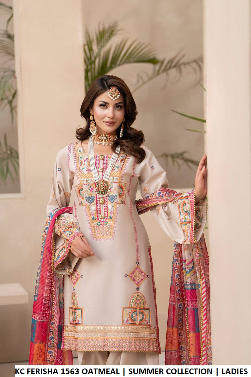 Pakistani women's oatmeal cotton short shirt farshi shalwar back view