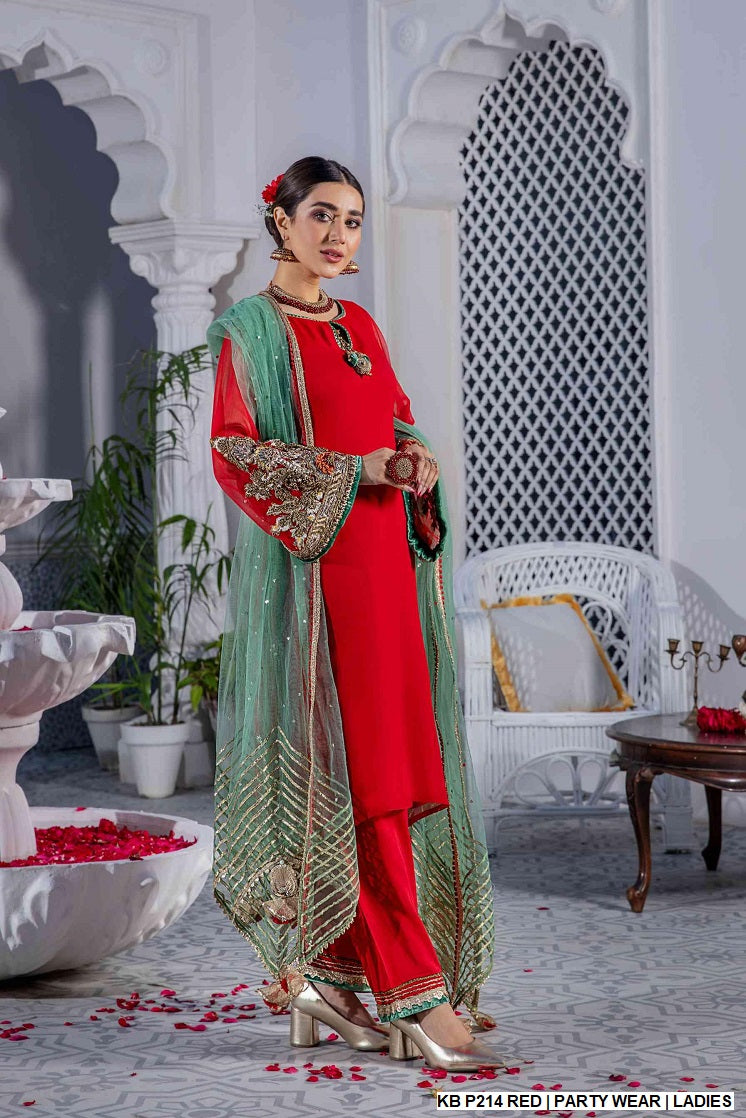 KB P214 Pakistani women's chiffon formal wear with silk trouser full view