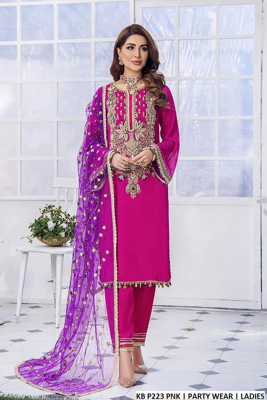 KB P223 crinkle chiffon Pakistani women's hand embroidered formal outfit side view