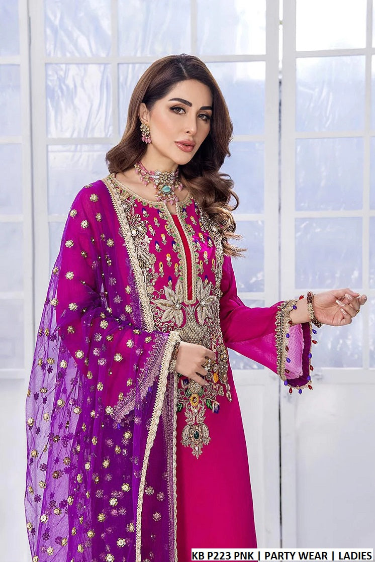 Crinkle chiffon hand embroidered shirt KB P223 - Pakistani women's luxury party wear with silk trouser front view