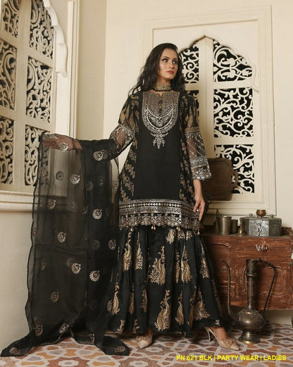 PNW 621 Pakistani women's chiffon gharara outfit detail view