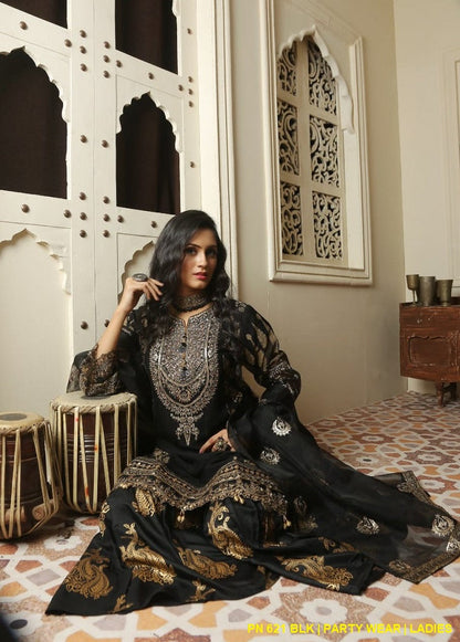 PNW 621 Pakistani women's chiffon outfit with organza dupatta back view