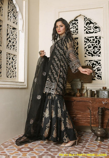 PNW 621 Pakistani women's chiffon shirt gharara detail view