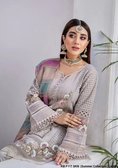 KB F117 cotton chikan Pakistani women's thread embroidered outfit back view