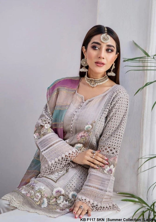 KB F117 cotton chikan Pakistani women's thread embroidered outfit back view