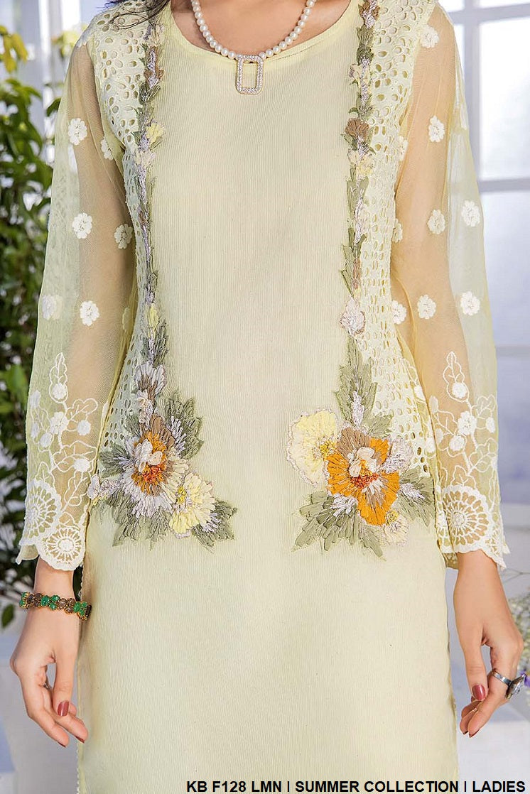 KB F128 organza karandi Pakistani women's hand embroidered outfit side view