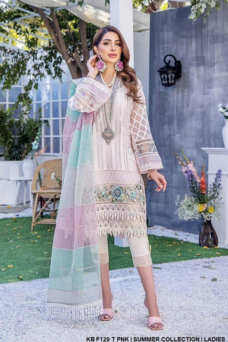 Cotton straight shirt KB F129 - Pakistani women's casual outfit with organza dupatta front view
