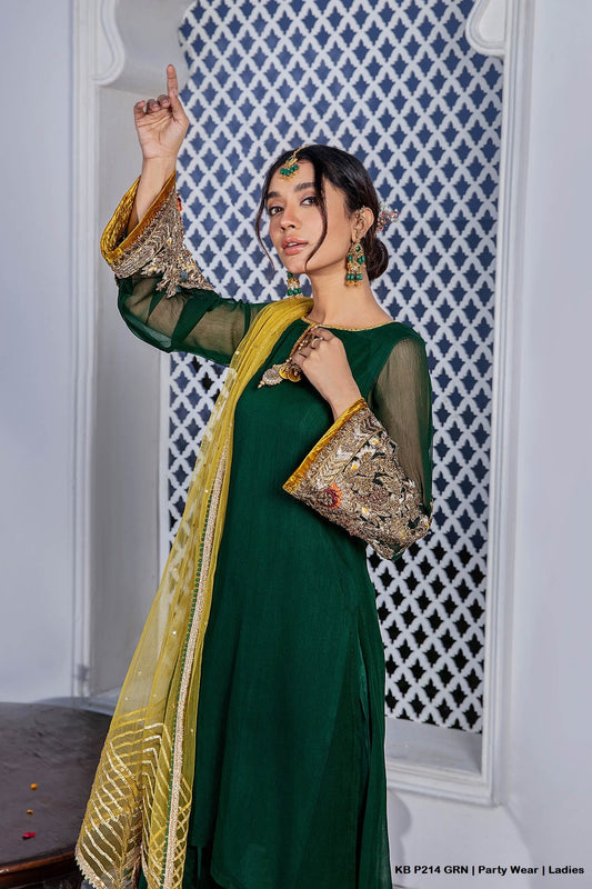 Crinkle chiffon shirt KB P214 - Pakistani women's elegant party wear with silk trouser front view