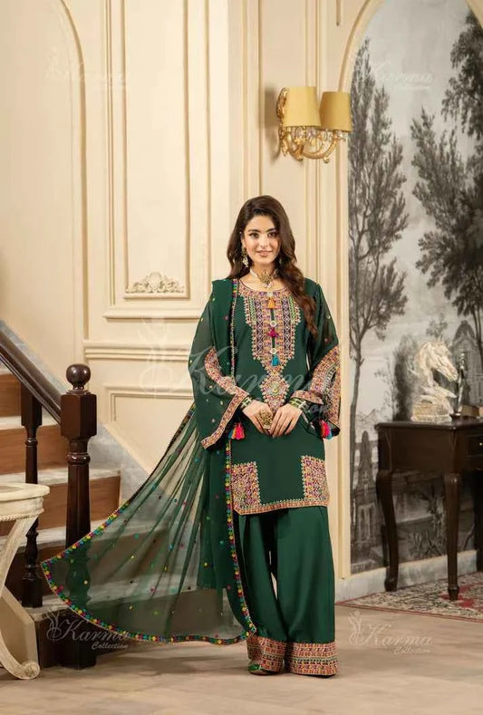 Silk short shirt farshi shalwar bottle green - Pakistani women's traditional formal outfit front view