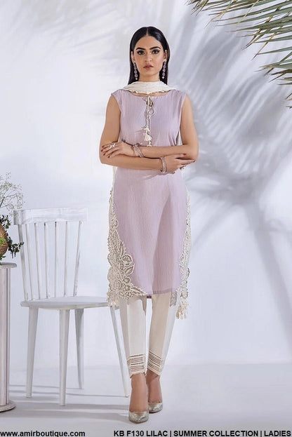 Khadi cotton straight shirt KB F130 - Pakistani women's casual outfit with chiffon dupatta front view